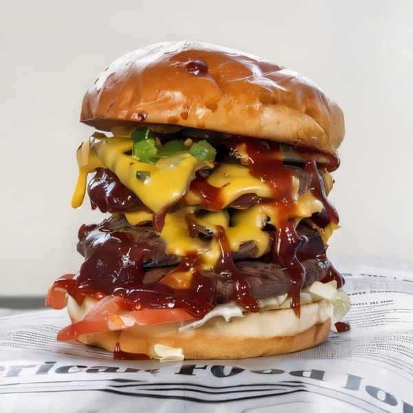 A towering triple-patty Burger Truck burger with melted cheese, BBQ sauce, lettuce, and tomato.
