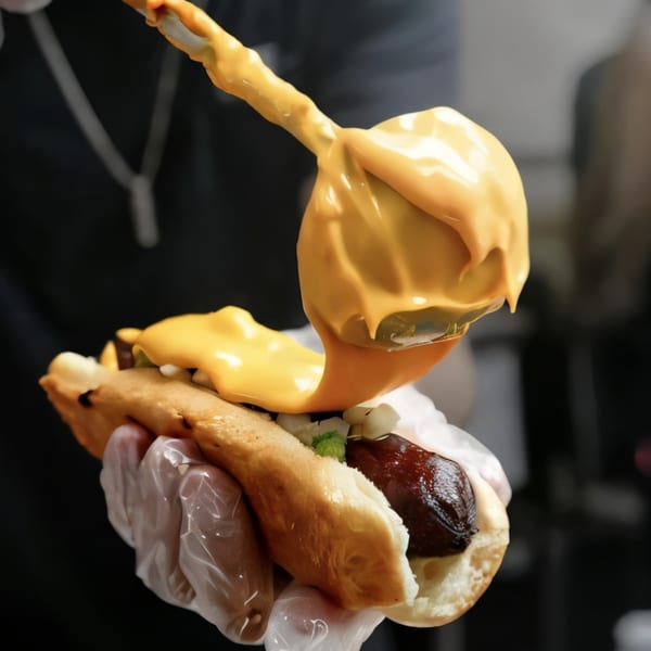 A gloved hand holds a hot dog as cheese sauce is poured over it from a spoon.