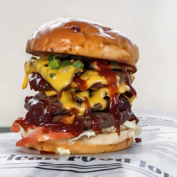 A towering Burger Truck burger with multiple patties, melted cheese, and barbecue sauce.