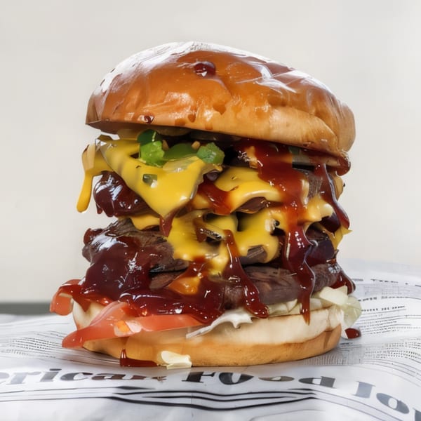 A towering triple-patty Burger Truck burger, dripping with cheese and BBQ sauce, on a bun.