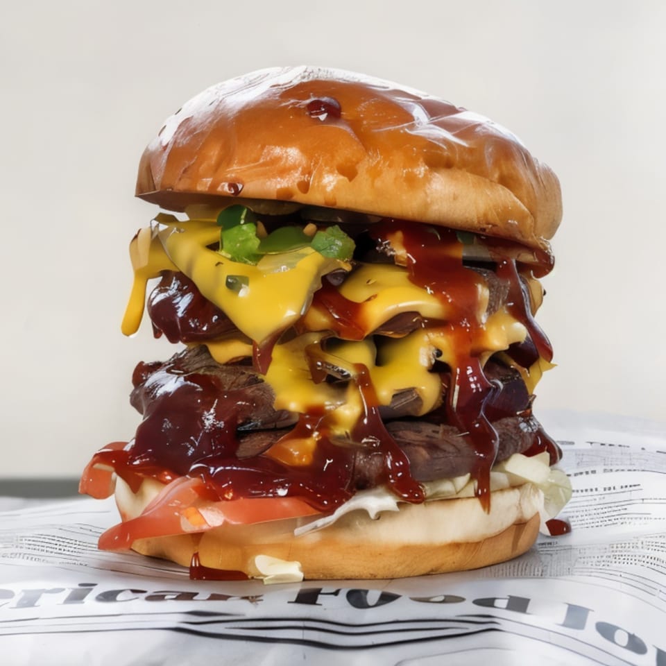A towering triple-patty Burger Truck burger, dripping with cheese and BBQ sauce, on a bun.