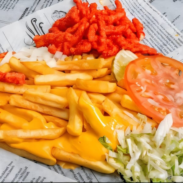 Cheesy fries topped with hot Cheetos, diced onions, a tomato slice, pickles, and shredded lettuce.