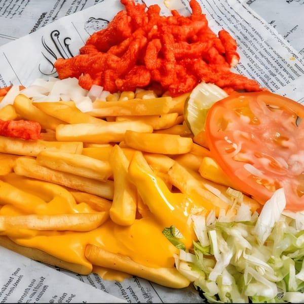 Cheesy fries topped with hot Cheetos, diced onions, shredded lettuce, and a tomato slice.