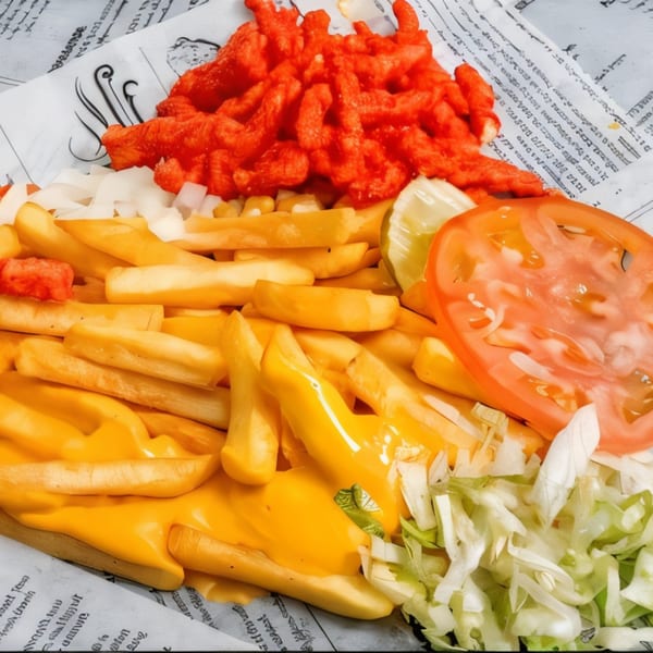 Cheesy fries with chopped onions, shredded lettuce, tomato, lime, and red crunchy snacks.