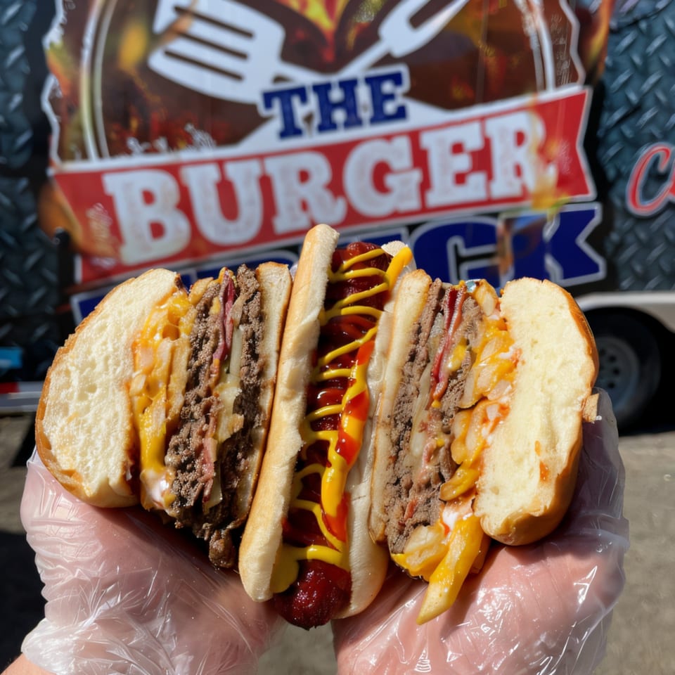 Gloved hands hold a hot dog and two burgers with fries, cheese, and bacon, in front of The Burger Truck.