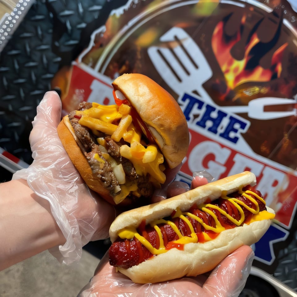 Gloved hands hold a cheeseburger with fries and a hot dog with ketchup and mustard.