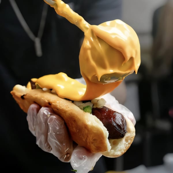 A hot dog in a bun, topped with diced onions and green relish, being drenched in cheese sauce.