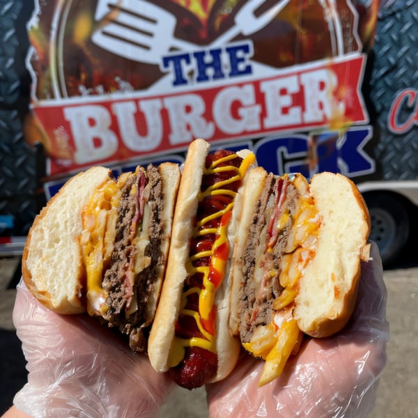 Gloved hands hold a hot dog and two burgers with fries and cheese, in front of The Burger Truck.