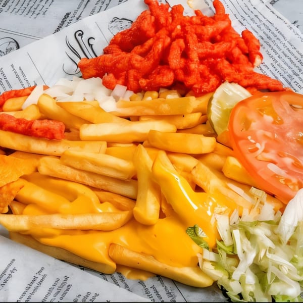 Cheesy fries topped with bright red crunchy snacks, diced onions, tomato, pickle, and shredded lettuce.