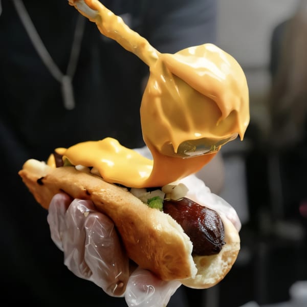 A hot dog in a bun, topped with onions and green relish, being drenched in cheese sauce.